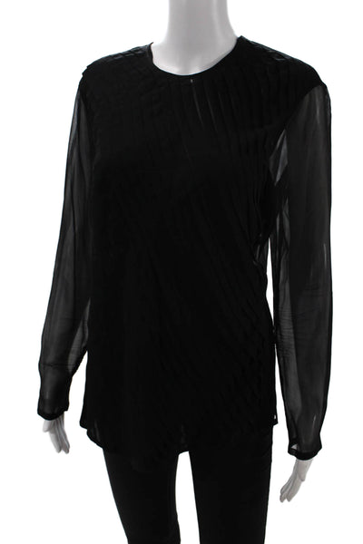 Alfred Sung Womens Long Sleeve Crew Neck Silk Sheer Top Black Size Medium