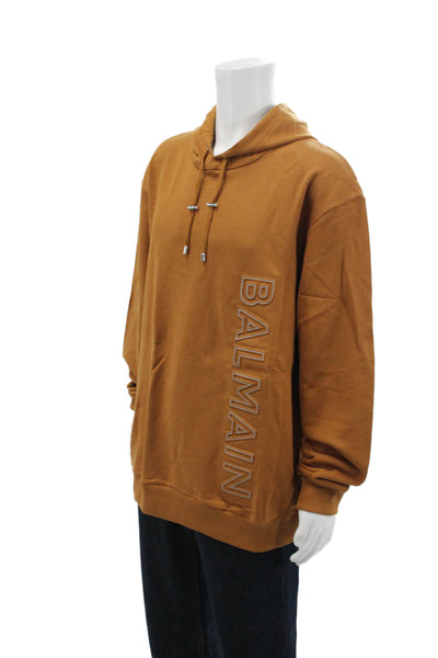 Balmain Mens Cotton Long Sleeve Graphic Pullover Hoodie Brown Size L