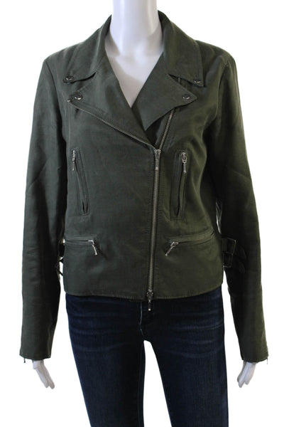 Club Monaco Womens Zipper Closure Cropped Biker Jacket Green Size Medium
