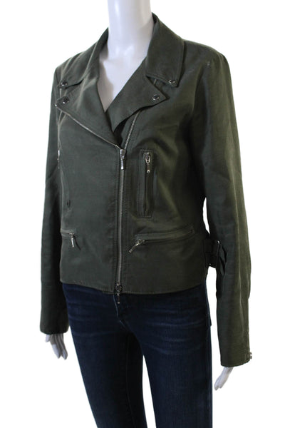 Club Monaco Womens Zipper Closure Cropped Biker Jacket Green Size Medium