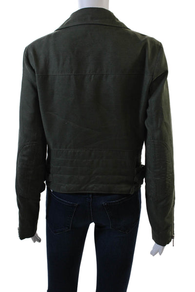 Club Monaco Womens Zipper Closure Cropped Biker Jacket Green Size Medium