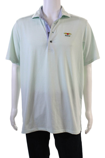 Grayson Mens Striped Short Sleeves Polo Shirt Mint Blue White Size Large