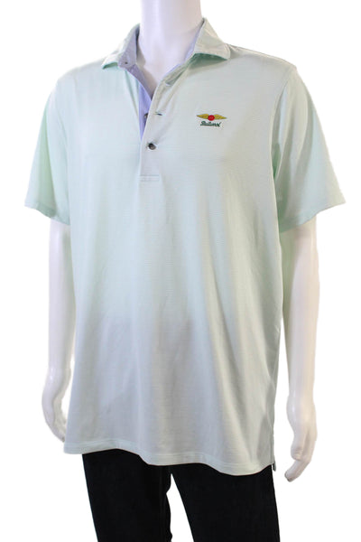 Grayson Mens Striped Short Sleeves Polo Shirt Mint Blue White Size Large