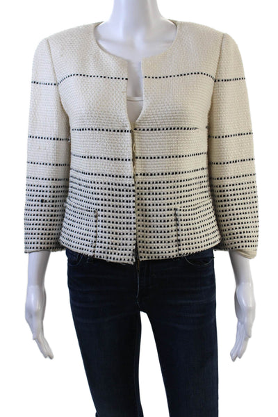 Rena Lange Womens Ombre Stitch Round Neck Button Up Blazer White Size 8