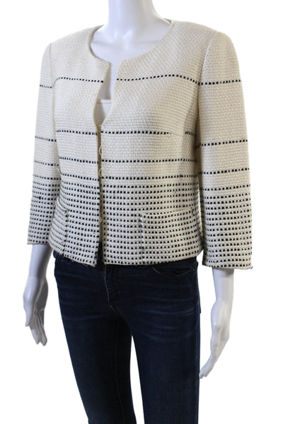 Rena Lange Womens Ombre Stitch Round Neck Button Up Blazer White Size 8