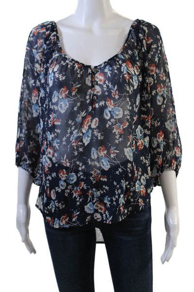 Joie Womens Silk Floral Print Long Sleeves Blouse Navy Blue Size Extra Small