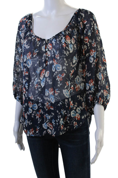 Joie Womens Silk Floral Print Long Sleeves Blouse Navy Blue Size Extra Small
