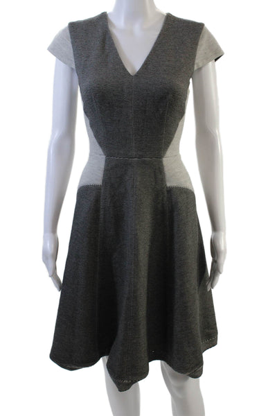 Rebecca Taylor Womens Striped Short Sleeves V Neck A Line Dress Gray Cotton Size