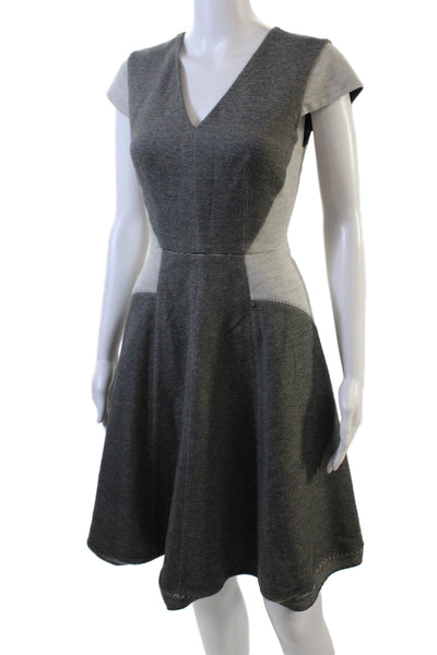 Rebecca Taylor Womens Striped Short Sleeves V Neck A Line Dress Gray Cotton Size
