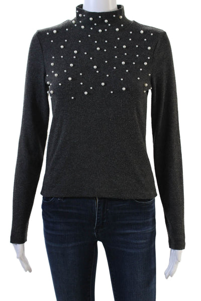 Zara Womens Knit High Neck Long Sleeve Faux Pearl Detail Sweater Gray Size M