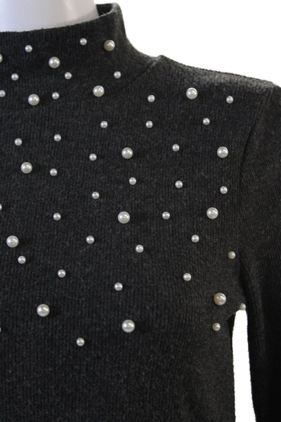 Zara Womens Knit High Neck Long Sleeve Faux Pearl Detail Sweater Gray Size M