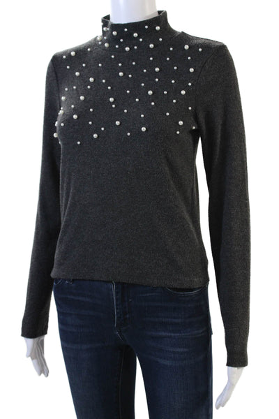 Zara Womens Knit High Neck Long Sleeve Faux Pearl Detail Sweater Gray Size M