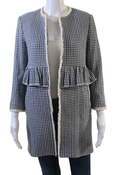 Zara Woman Womens Plaid Ruffled Waist Coat Blue White Cotton Size Small