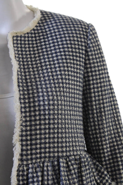 Zara Woman Womens Plaid Ruffled Waist Coat Blue White Cotton Size Small