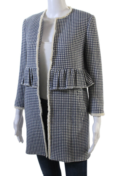 Zara Woman Womens Plaid Ruffled Waist Coat Blue White Cotton Size Small