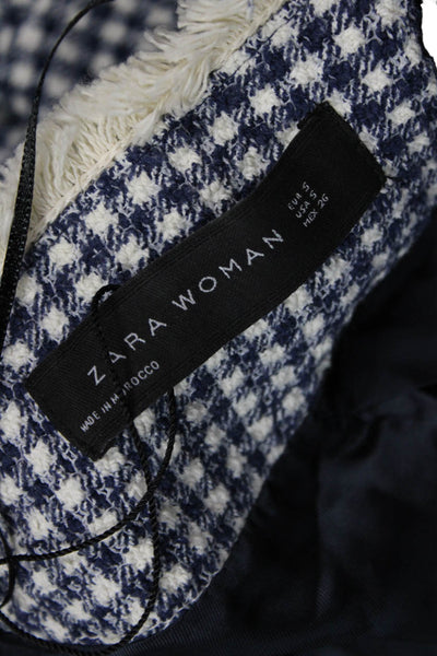 Zara Woman Womens Plaid Ruffled Waist Coat Blue White Cotton Size Small
