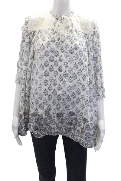 Roberta Roller Rabbit Womens Cotton Long Sleeve V-neck Pattern Top White Size S