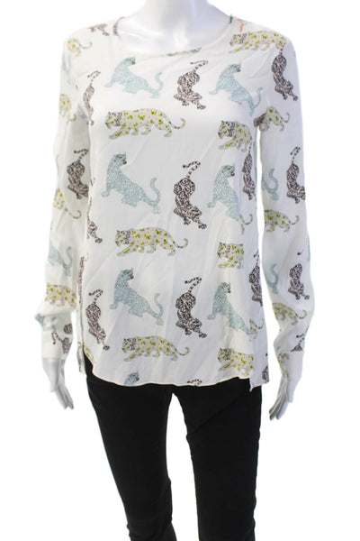Herzens Angelegenheit Womens Silk Scoop Neck Long Sleeve Printed Blouse White Si