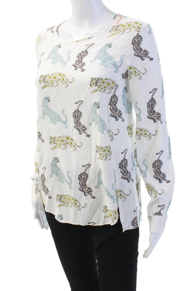Herzens Angelegenheit Womens Silk Scoop Neck Long Sleeve Printed Blouse White Si