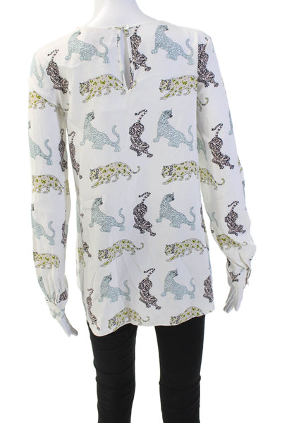 Herzens Angelegenheit Womens Silk Scoop Neck Long Sleeve Printed Blouse White Si