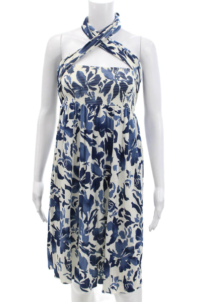 Juicy Couture Womens Strapless Smocked Floral Knit Shift Dress White Blue Small