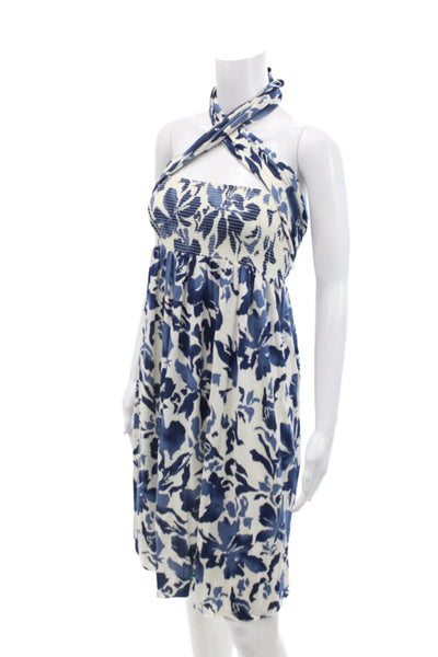 Juicy Couture Womens Strapless Smocked Floral Knit Shift Dress White Blue Small