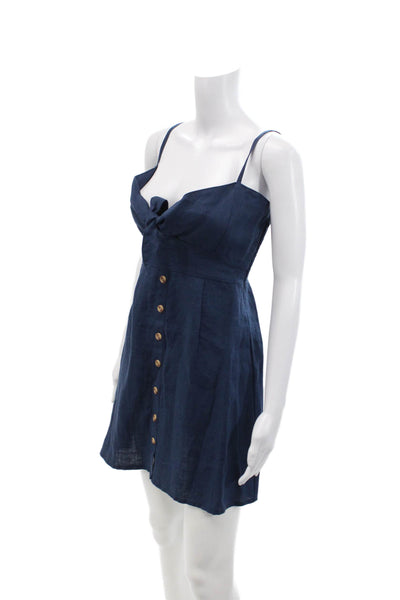 Faithfull The Brand Womens Spaghetti Strap Twist Linen Mini Dress Blue Size 6