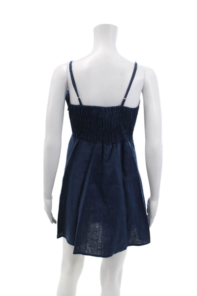 Faithfull The Brand Womens Spaghetti Strap Twist Linen Mini Dress Blue Size 6