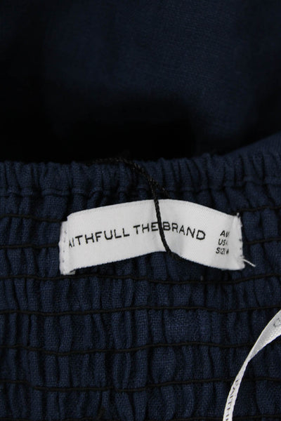 Faithfull The Brand Womens Spaghetti Strap Twist Linen Mini Dress Blue Size 6