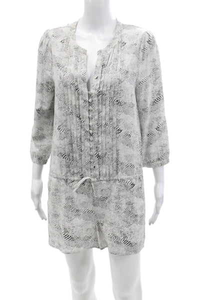 Joie Womens Short Sleeve Button Front Abstract Silk Romper White Black Small