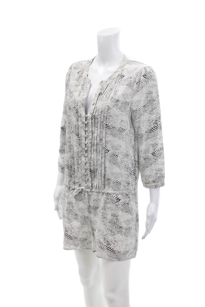 Joie Womens Short Sleeve Button Front Abstract Silk Romper White Black Small