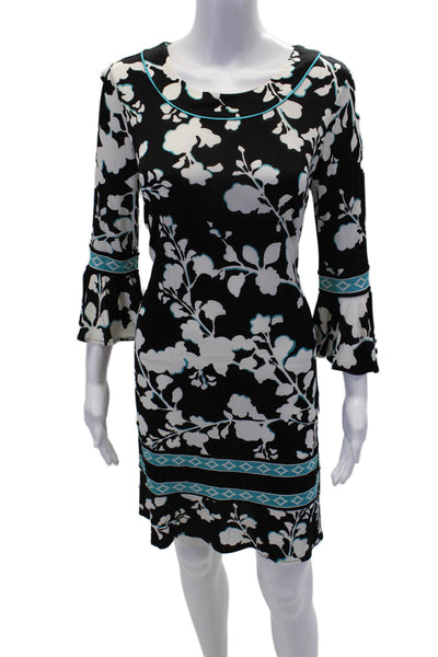BCBGMAXAZRIA Womens 3/4 Sleeve Scoop Neck Floral Dress Black White Size Small