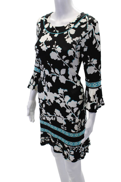 BCBGMAXAZRIA Womens 3/4 Sleeve Scoop Neck Floral Dress Black White Size Small