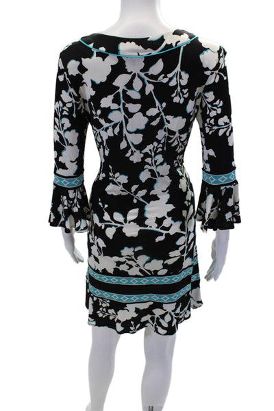 BCBGMAXAZRIA Womens 3/4 Sleeve Scoop Neck Floral Dress Black White Size Small