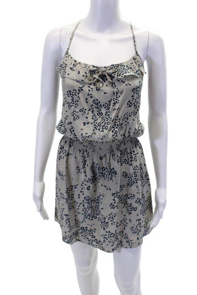 Parker Womens Spaghetti Strap Ruffled Leopard Silk Mini Dress Gray Navy Medium