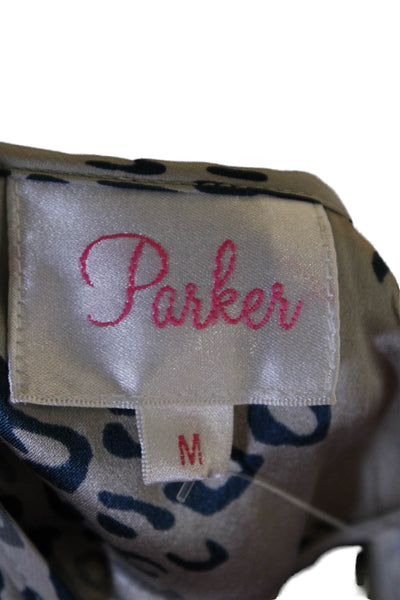 Parker Womens Spaghetti Strap Ruffled Leopard Silk Mini Dress Gray Navy Medium