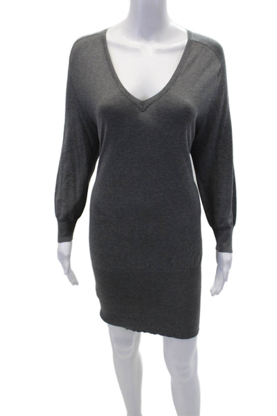 BCBGMAXAZRIA Womens Long Sleeve V Neck Mini Sweater Dress Gray Size Small