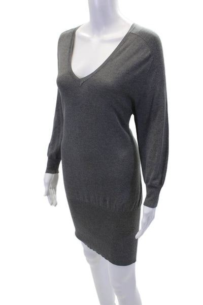 BCBGMAXAZRIA Womens Long Sleeve V Neck Mini Sweater Dress Gray Size Small
