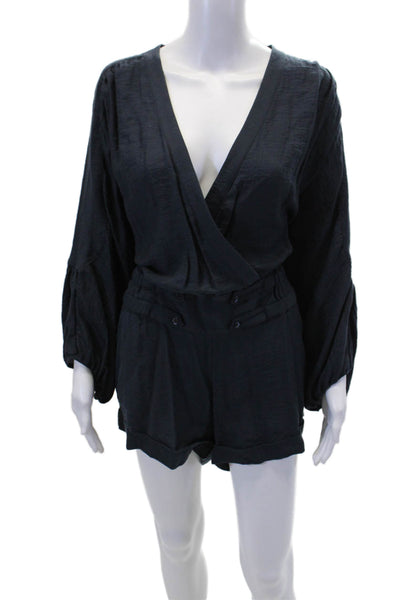 BCBGMAXAZRIA Womens 3/4 Sleeve V Neck Woven Romper Navy Blue Size Extra Small