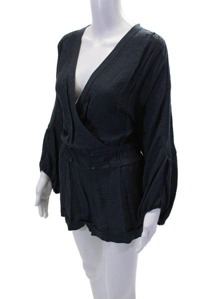 BCBGMAXAZRIA Womens 3/4 Sleeve V Neck Woven Romper Navy Blue Size Extra Small