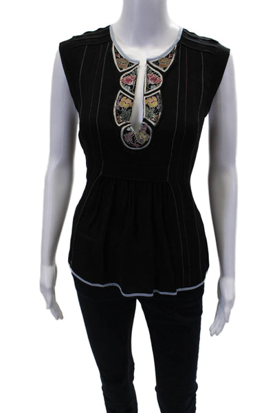 BCBGMAXAZRIA Womens Sleeveless Embroidered V Neck Silk Top Black Size XS