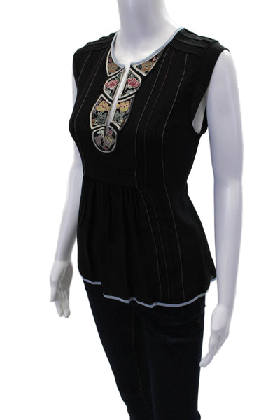BCBGMAXAZRIA Womens Sleeveless Embroidered V Neck Silk Top Black Size XS