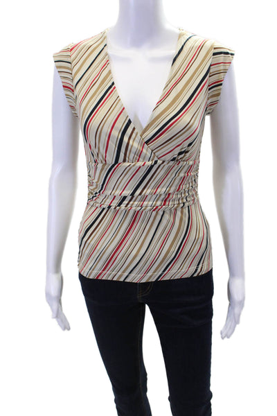 BCBGMAXAZRIA Womens Short Sleeve V Neck Striped Top White Multi Size Medium