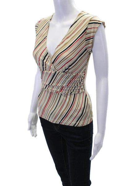 BCBGMAXAZRIA Womens Short Sleeve V Neck Striped Top White Multi Size Medium
