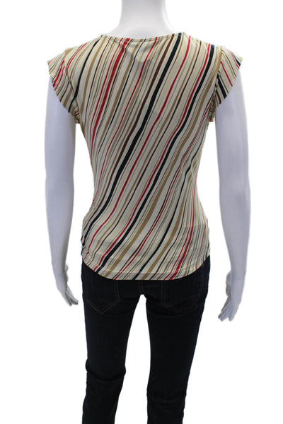 BCBGMAXAZRIA Womens Short Sleeve V Neck Striped Top White Multi Size Medium