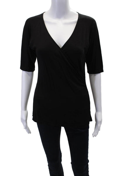 BCBGMAXAZRIA Womens Short Sleeve V Neck Ruched Knit Top Black Size Large