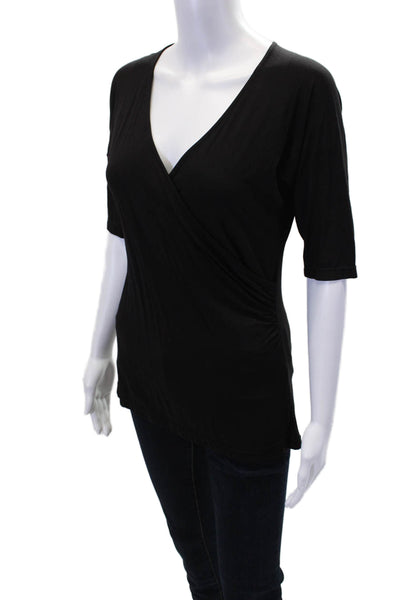 BCBGMAXAZRIA Womens Short Sleeve V Neck Ruched Knit Top Black Size Large