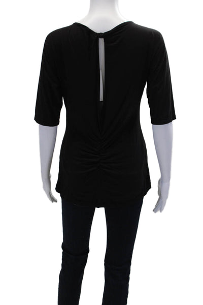 BCBGMAXAZRIA Womens Short Sleeve V Neck Ruched Knit Top Black Size Large