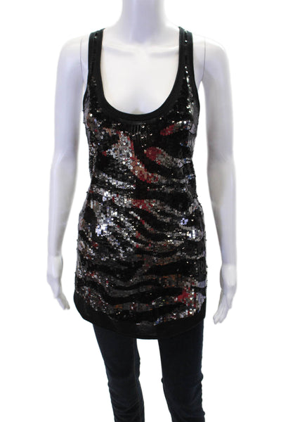 BCBGMAXAZRIA Womens Scoop Neck Sequin Printed Knit Tank Top Black Size Small