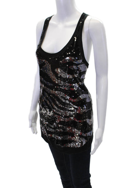 BCBGMAXAZRIA Womens Scoop Neck Sequin Printed Knit Tank Top Black Size Small